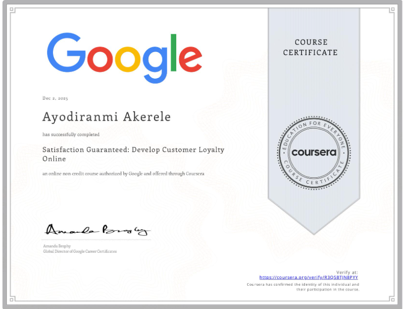 ayodiranmi's tweet photo. I completed Satisfaction Guaranteed: Develop Customer Loyalty Online! Check out my certificate https://t.co/q76YOnEPP4 

#Coursera #DigitalMarketing #DigitalMarketer #SocialMediaMarketing #SocialMediaManager #Ecommerce #DigitalMarketingandEcommerce https://t.co/9MlvATuOyZ