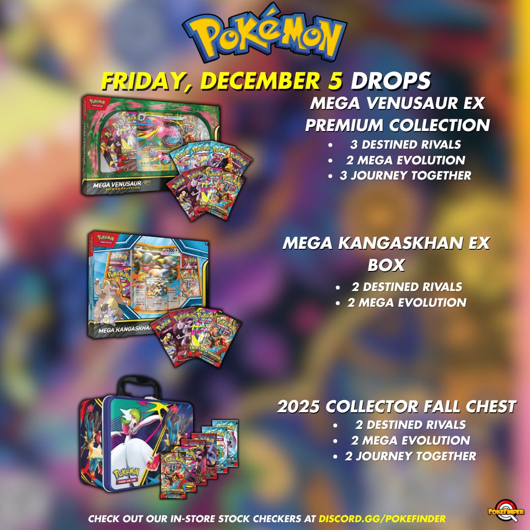 December 5th Pokemon TCG Drops! Mega Venusaur ex Premium Collections, Mega Kangaskhan ex Boxes & 2025 Collector Chests Officially Release on Friday, December 5th! Expected Online and Instore at Target, and December 5th Pokemon TCG Drops! Mega Venusaur ex Premium Collections, Mega Kangaskhan ex Boxes & 2025 Collector Chests Officially Release on Friday, December 5th! Expected Online and Instore at Target, and