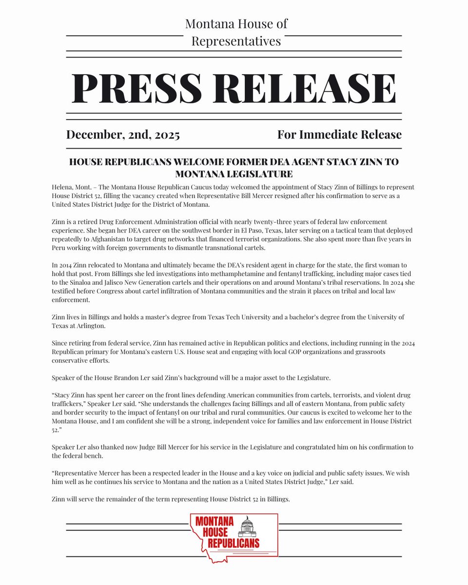 Montana House Republicans welcome former DEA Agent Stacy Zinn to represent HD52. With nearly 23 years of law enforcement experience, she’s ready to stand strong for families, public safety, and Montana communities.
