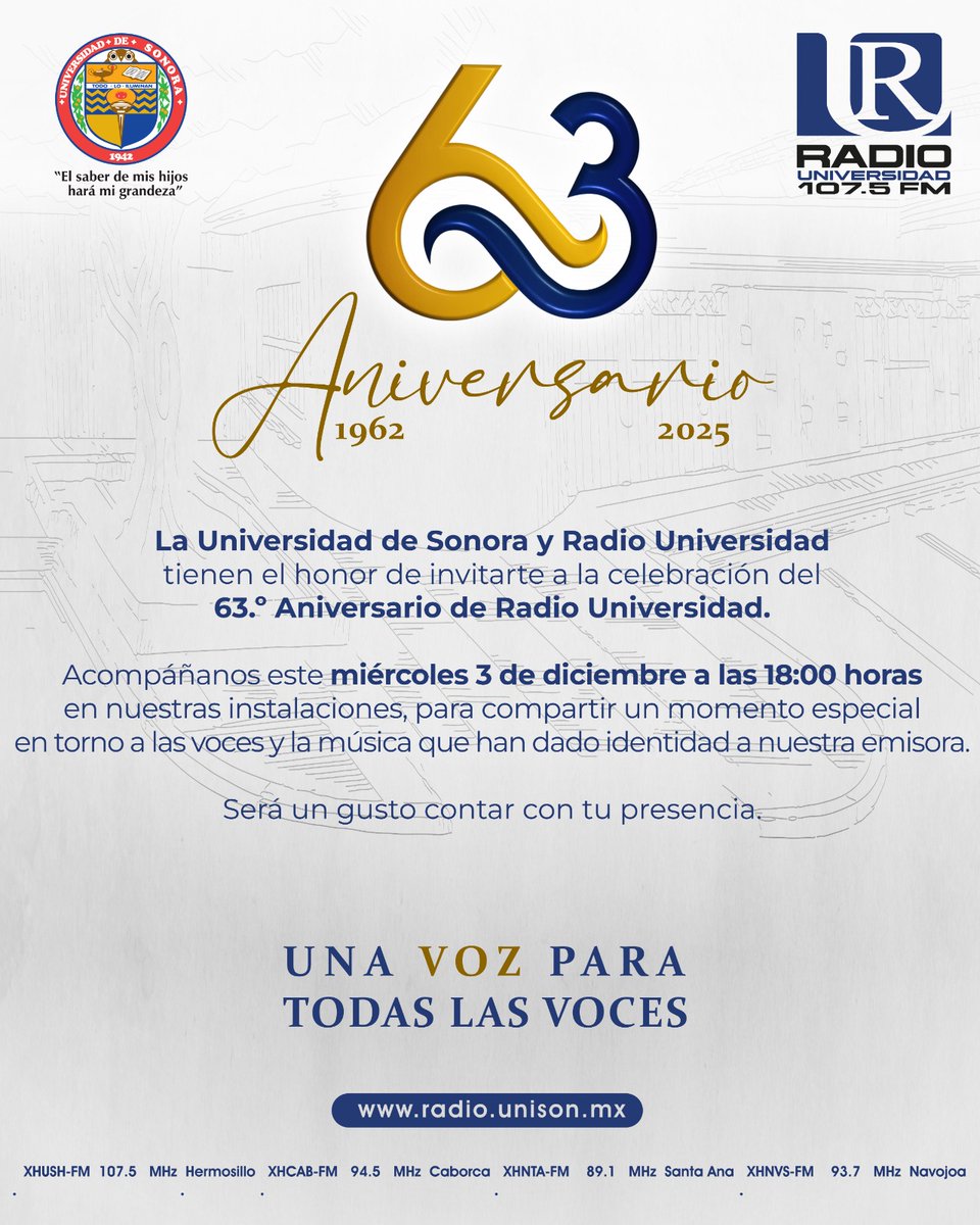 Les invitamos a la celebración del 63 Aniversario de Radio Universidad este mirécoles 3 de diciembre a partir de las 18:00 horas en nuestras instalaciones: Avenida Escobedo Sin No. entre Blvd. Luis Encinas Johnson y Blvd. Abelardo Rodríguez Col. Centro <a href="/SoyUnison/">Soy Unison</a>