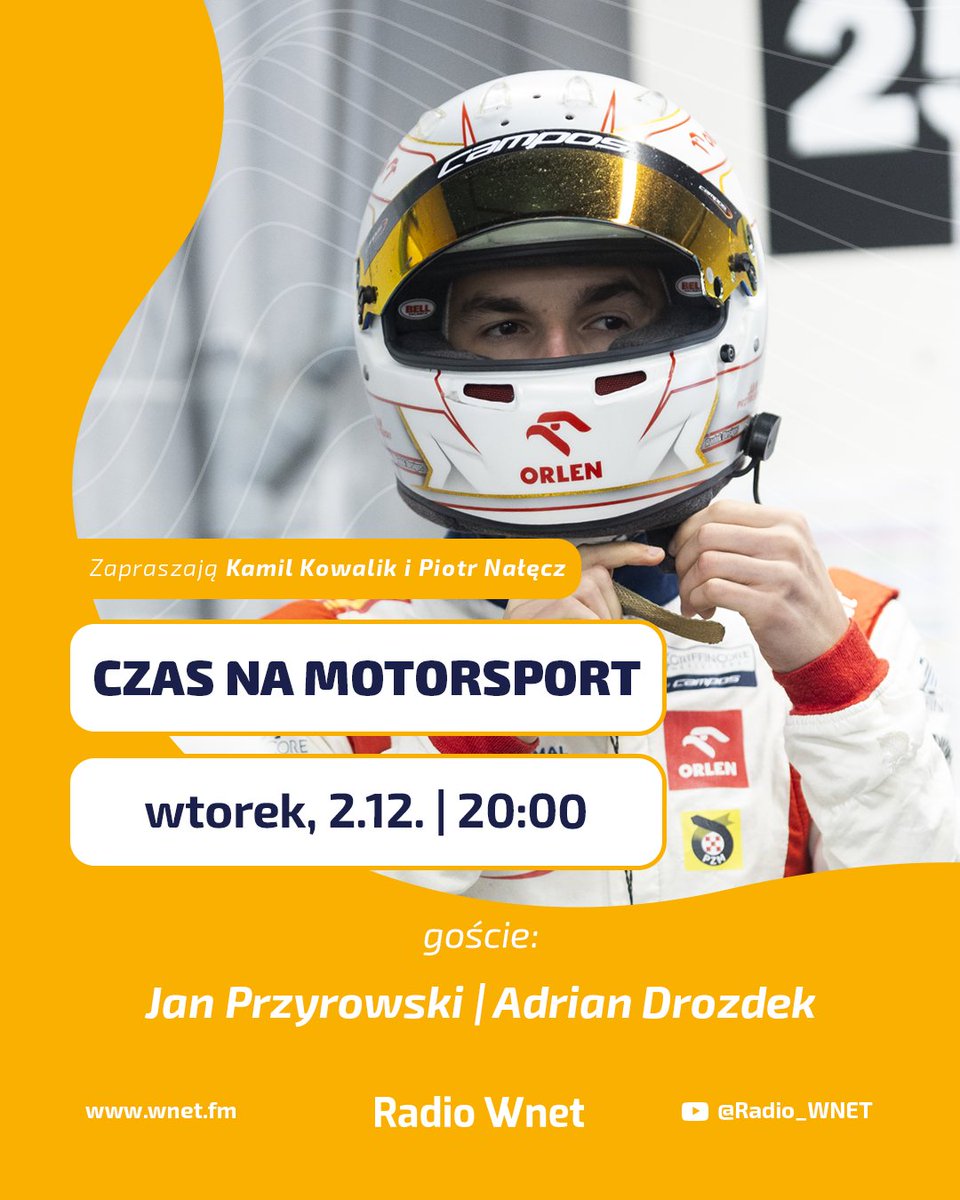 🏎️ Jan Przyrowski, trzeci kierowca Mistrzostw Hiszpańskiej Formuły 4 będzie gościem Radia Wnet 🥉 W programie także o Formule 1 w przededniu ostatecznego rozstrzygnięcia. Gościem dziennikarz Adrian Drozdek, obecny na #QatarGP.
Zapraszamy!
<a href="/swiatwyscigow/">ŚwiatWyścigów.pl</a> 
<a href="/jan_przyrowski/">Jan Przyrowski 🇵🇱</a> #f1pl