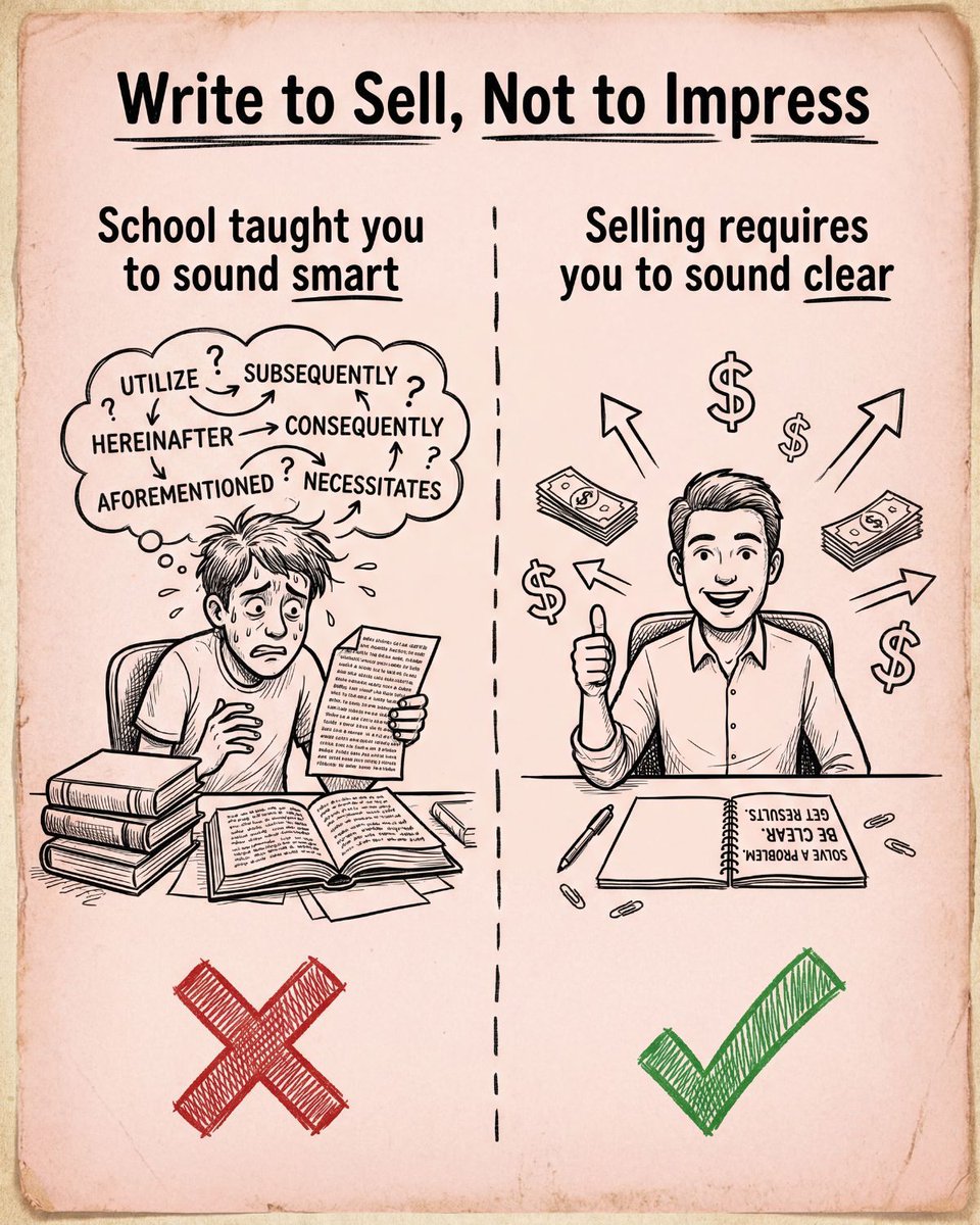 ColinElefante's tweet image. So much of copywriting is unfortunately about unlearning the bad writing habits you were taught in school.

In school you were taught to use big grown up words and phrases to sound smart. 

To write to sell, you should:

✅ Use mostly one-syllable words
✅ Make sentences no more…