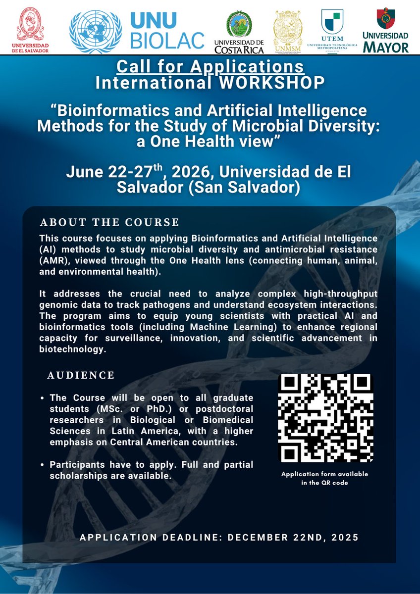 UNUBIOLAC's tweet image. Learn bioinformatics &amp;amp; AI methods to analyze microbial communities and manage large genomic datasets using One Health approaches.
Join our course: Bioinformatics &amp;amp; AI for Microbial Studies
👉 Enroll now go.unu.edu/oMUXr