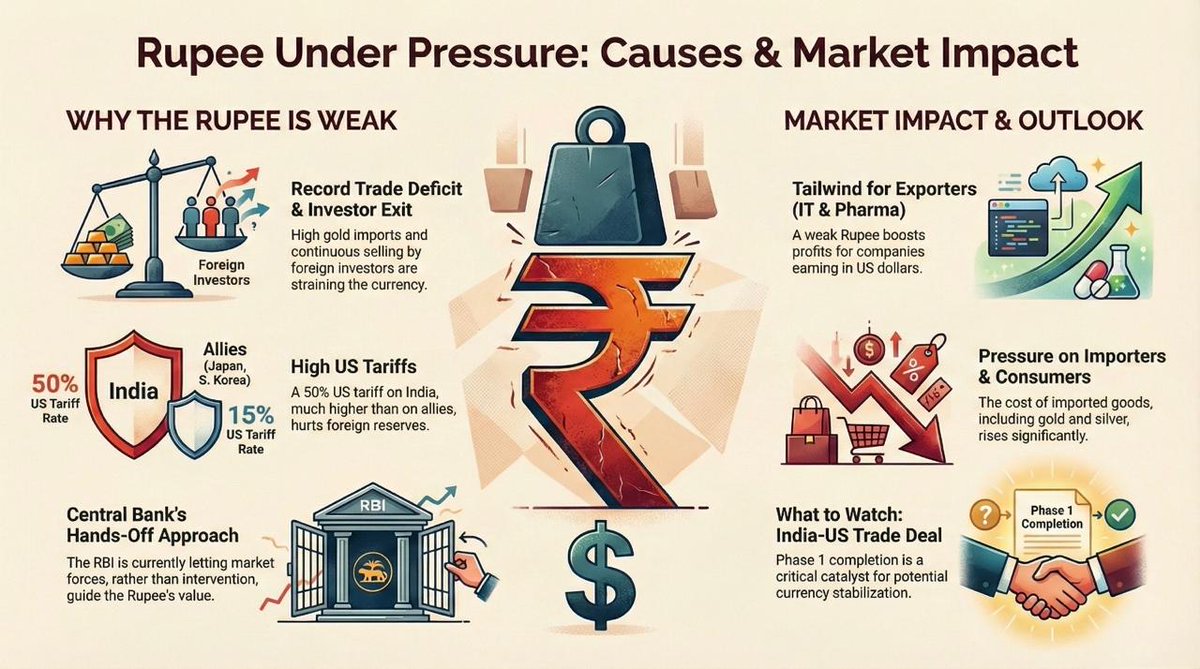 PavanUndesign2's tweet photo. 🚨 Rupee Weakness Alert: Why Markets Are Under Pressure 📉 
The Indian Rupee continues its correction against the US Dollar, trading near ₹90 per USD. This persistent weakness is intensely impacting equity markets.
 Key Drivers of Rupee Weakness:
 1. Trade Deficit & FII Exit: India is recording massive trade imbalances (record trade deficit) due to reduced US exports and high gold imports. Combined with continuous FII selling (Capital Deficit), the Rupee is under severe strain.
 2. US Trade Deal Disappointment, Tariffs: The US maintains a high 50% tariff on India, far higher than rates for allies like Japan and South Korea (15%), which is negatively impacting our foreign reserves. 
Market Impact & Outlook:
 • Positive: The weak Rupee is a tailwind for IT, Pharma, and export companies whose dollar-denominated revenue translates into higher profits in Rupee terms.
 • Negative: Rupee depreciation directly increases the domestic price of Gold and Silver and negatively impacts import-dependent sectors.
 • RBI Stance: The RBI has recently been observed letting market forces determine the Rupee's direction, rather than intervening heavily. 
Watch for the completion of Phase 1 of the India-US trade deal, expected by month-end, as a critical catalyst for stabilizing the currency. 
#Rupee #USDINR #MarketUpdate #IndiaEconomy #TradeDeficit #FII #RBI
