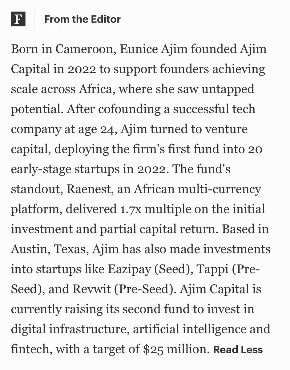 Today, I was named in the 2026 Forbes 30 Under 30 — Venture Capital list.

This is a meaningful milestone for Ajim Capital, and I’m grateful for the trust from our LPs, the results from our portfolio (shout out to our founders), and the support from our growing community.

It