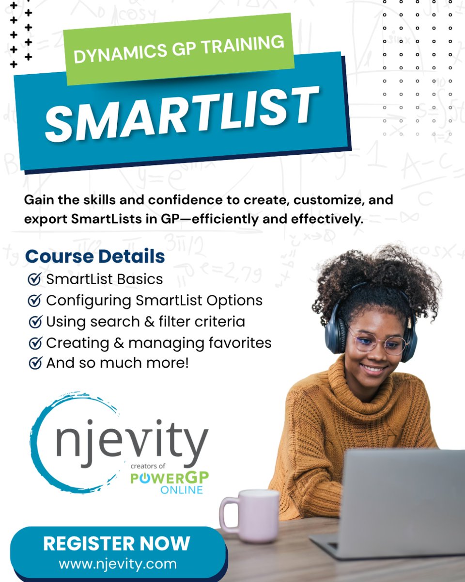 Njevity's tweet image. New on‑demand: SmartList in #DynamicsGP. Create favorites, filter fast, add columns, set Go To’s, and export cleanly to Excel.

Enroll: zurl.co/nluuC

#SmartList #dynamicsgp #gprideordie