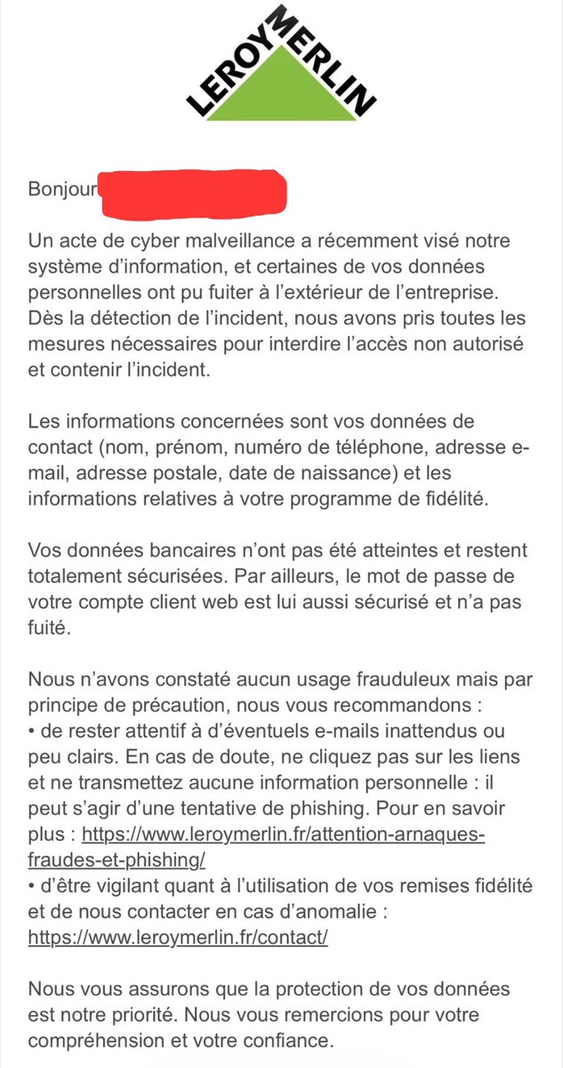 🚨🔴CYBERALERT 🇫🇷FRANCE🔴 | Leroy Merlin victime d'une cyberattaque qui a exposé les données personnelles de ses clients... ⤵️

Une fuite d'information en chasse une autre... 

On va finir par croire que les entreprises françaises sont mal protégées ou que leurs salariés