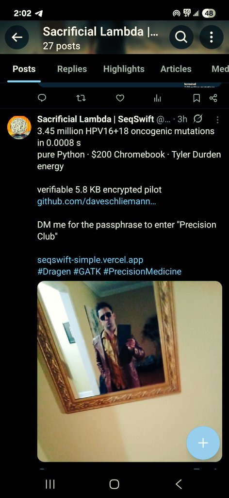 schlayguy's tweet image. Left: Me on a $140 Chromebook  
Right: The guy who wrote BWA, samtools, and minimap2

He needed clusters.  
I needed 0.0008 seconds.

Choose your fighter.

seqswift.com
#SeqSwift #Bioinformatics
