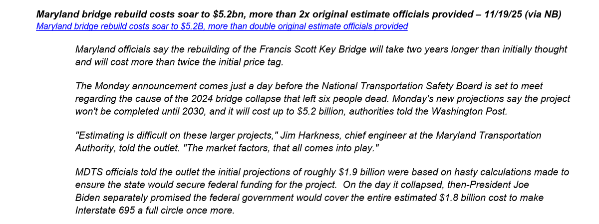 "Francis Scott Key Bridge will take two years longer than initially thought and will cost more than twice as much as initially thought, to rebuild."

Take the "over" on both how long rebuilding the US grid &amp; industrial base will cost, &amp; how inflationary it will be.
