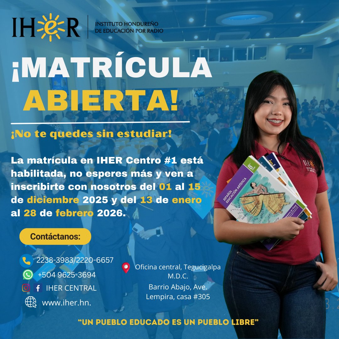 ¡MATRÍCULA ABIERTA EN IHER CENTRO #1! 💙💛

📅 Fechas de matrícula:
-Del 01 al 15 de diciembre de 2025.
-Del 13 de enero al 28 de febrero de 2026.

 📞Contactos para más información:
2238- 3983 / 2220-6657
Vía WhatsApp clic➡️:  wa.link/1r4kzf