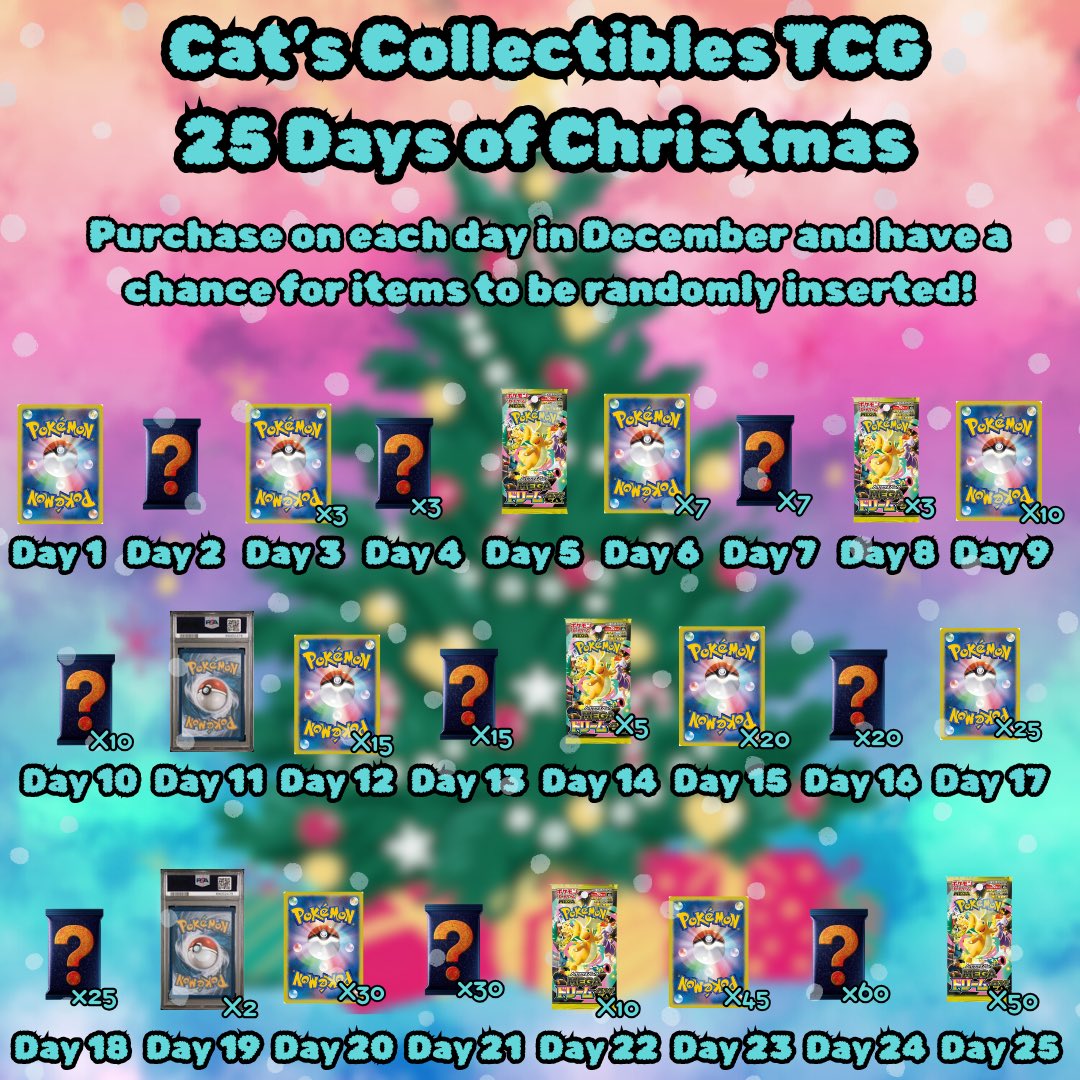 HERE YOU GO!

25 days of Christmas!

Starting with (YESTERDAY) giving away random cards, packs, slabs 🤩

These will be randomly inserted in orders placed on that day! 

if you want a chance to win some for FREE, follow <a href="/Catscollecttcg/">cats collectibles tcg</a> , like and RT this post, we will also be