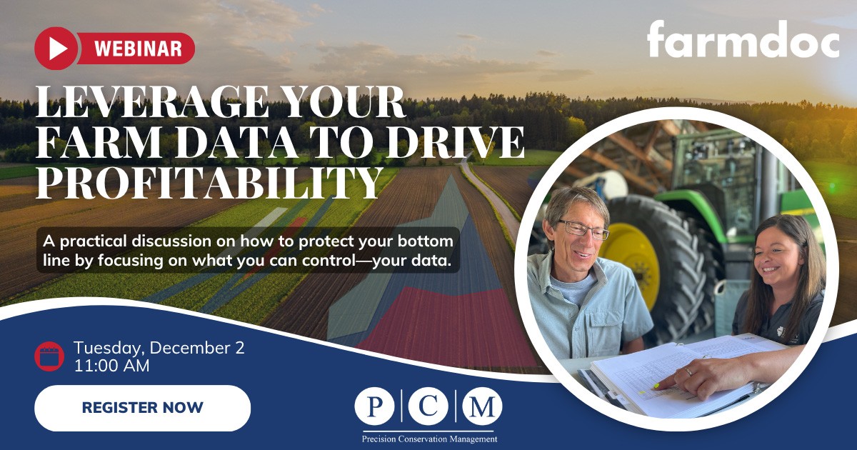 farmdocDaily's tweet image. Today&apos;s @farmdocDaily and @PCM_Farming webinar — Leverage Your Farm Data to Drive Profitability — is kicking off soon.

Head here to tune into today&apos;s conversation on how to protect your bottom line by focusing on data: tinyurl.com/4f9b2xxs