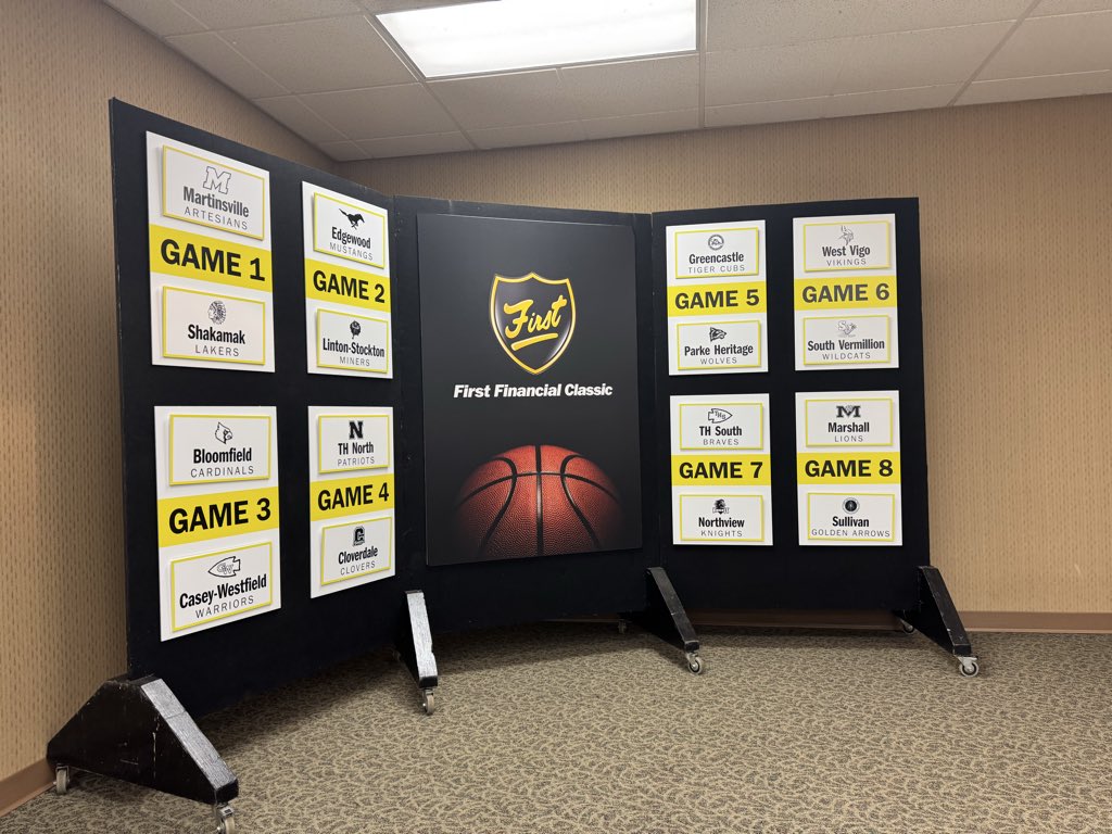 RickSemmler's tweet image. First Financial Classic pairings:
10-Martinsville vs Shakamak 
11:30-Edgewood vs Linton
1-Bloomfield vs Casey-Westfield 
2:30-TH North vs Cloverdale 
4-Greencastle vs Parke Heritage
5:30-West Vigo vs South Vermillion
7-TH South vs Northview 
8:30-Marshall vs Sullivan.