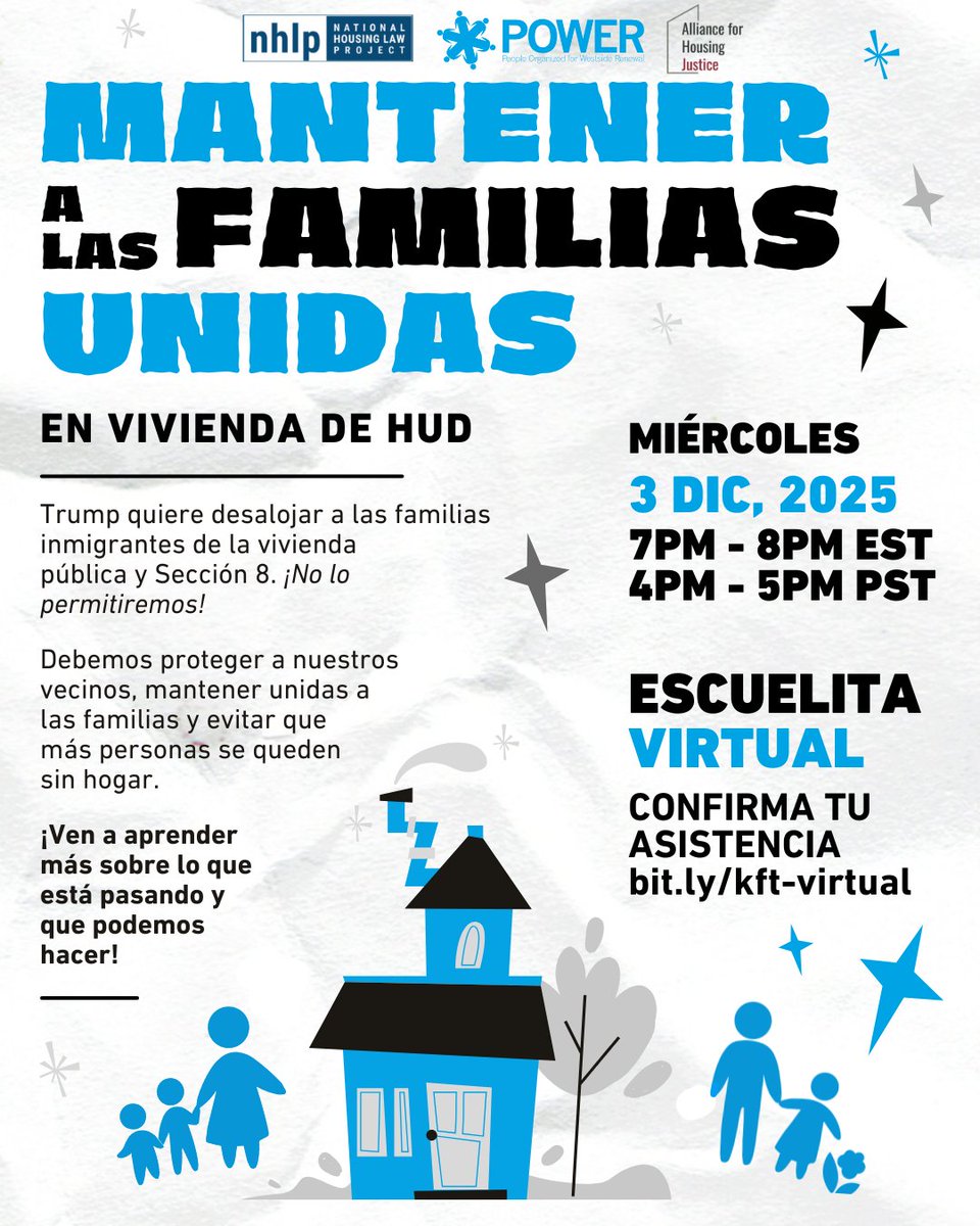 Rather than solve the housing crisis, Trump and HUD are proposing to evict certain immigrant families from their homes. Join NHLP, <a href="/aforhj/">Alliance for Housing Justice</a>, and POWER for a virtual teach-in TOMORROW, 12/3 to fight back with us ➡️ bit.ly/kft-virtual