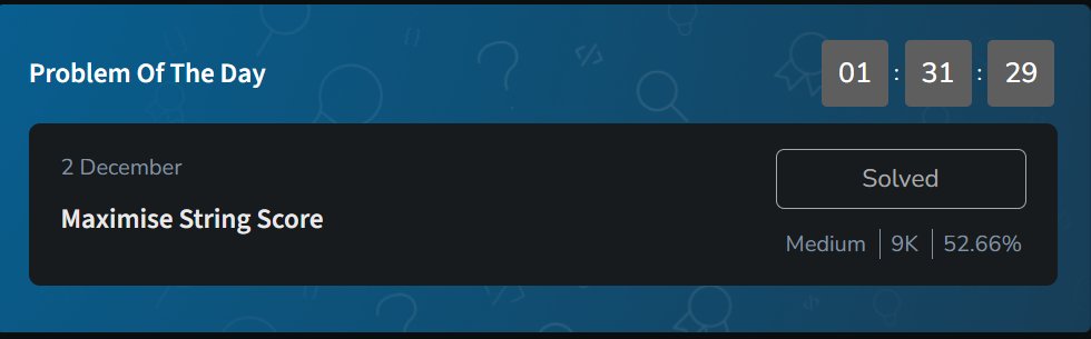 SumitKumar9128's tweet image. 🔥 Day 447 of #geekstreak2025
🧩 GFG POTD: Maximise String Score
⚙ Used reverse DP + prefix sums + char-compression + jump graph to track the best score possible when jumping across characters.
#dsa #gfg #string #dynamicprogramming