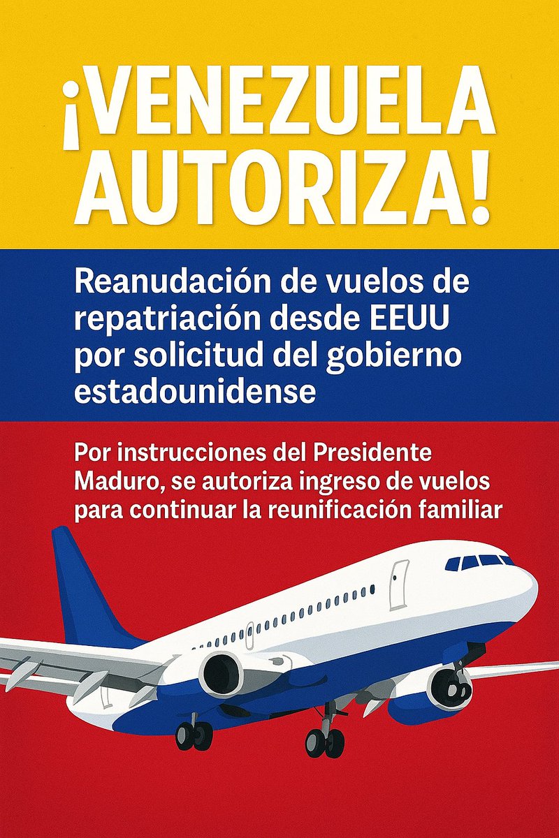 Edwardito4F's tweet photo. "¡La Patria abre sus brazos! 🤗✈️"

Por instrucciones del Pdte @NicolasMaduro, Venezuela autoriza la reanudación de vuelos de repatriación solicitada por EEUU:
✅ Vuelos semanales (miércoles y viernes)
✅ Ruta Phoenix-Maiquetía
✅ Primer vuelo: 3 de diciembre

#VueltaALaPatria https://t.co/X2lNBH3eh1