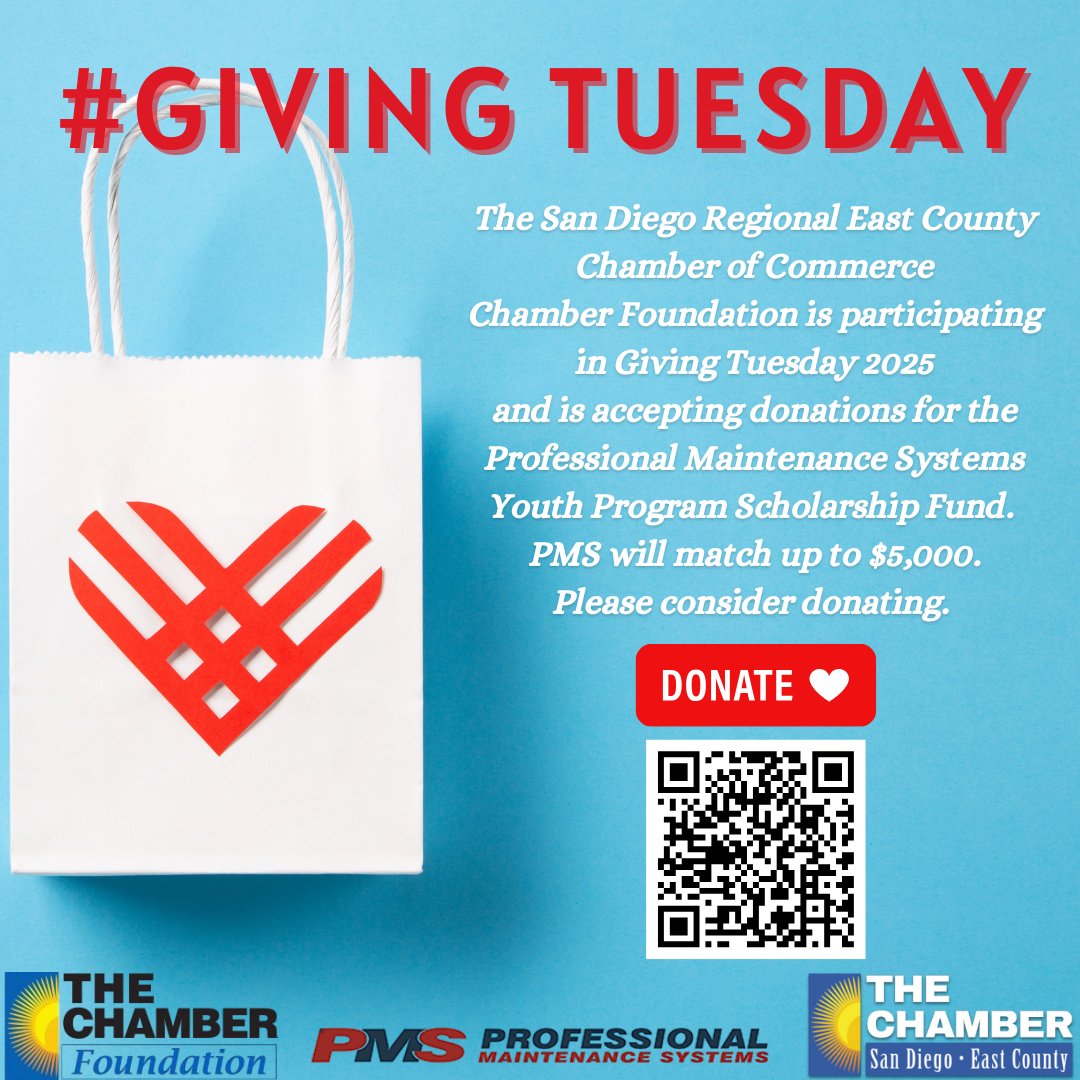 sdeccc's tweet image. 🎁 This Giving Tuesday, Invest in Our Youth! 🎁

The San Diego Regional East County Chamber of Commerce is proud to support the Professional Maintenance Systems (PMS) Youth Program Scholarship Fund, helping local students pursue their academic and career dreams.

✨ Thanks to the…