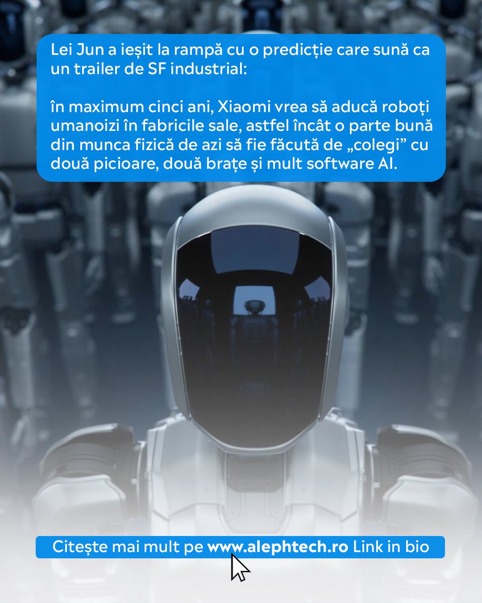AlephTechNews's tweet image. Lei Jun zice că în maximum 5 ani, în fabricile Xiaomi o să auzi mai mult zumzet de servomotoare decât pași de oameni. 

Citește mai multe pe alephtech.ro

#xiaomi #humanoidrobots #smartfactory #automation #ai