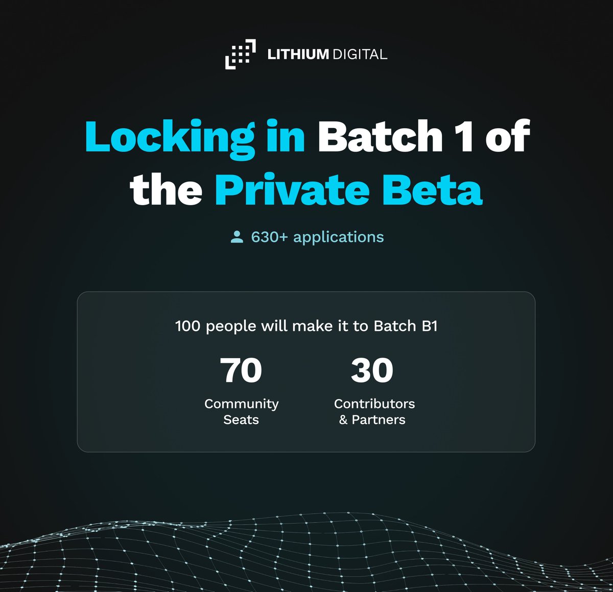Lithiumdigital's tweet image. 🚀 We opened the Lithium Digital Beta form last week, no ads, no hype. Yet over 630 stakers, builders, and crypto natives still showed up. That told us everything: people genuinely care about what we’re building. ⚡️

🎯 Today we’re locking in Batch 1 of the Private Beta. From the…
