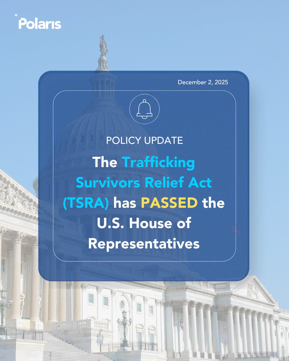 Polaris_Project's tweet image. Exciting news! The Trafficking Survivors Relief Act (TSRA) has passed the U.S. House of Representatives!

Learn more about the TSRA, watch videos from survivors, and find out how you can help advocate for this important bill: polarisproject.org/tsra/