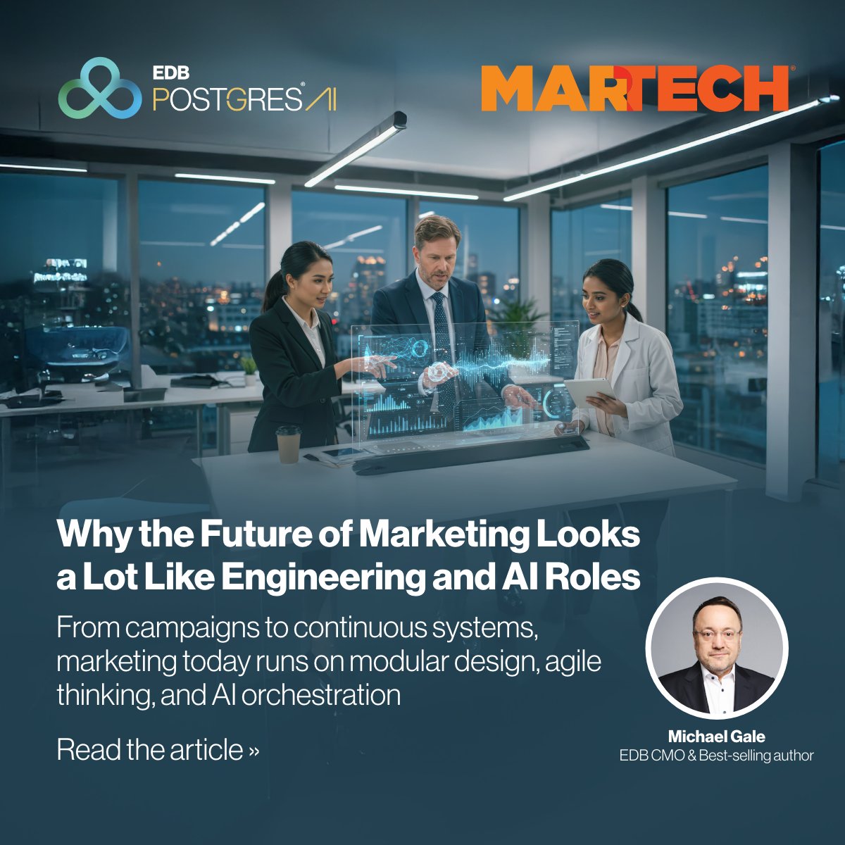 EDBPostgres's tweet image. Marketing is shifting from campaigns to continuous systems.
Data behaves like signals. AI becomes the toolchain.
Michael Gale, EDB CMO and best-selling author of The Digital Helix, breaks down what this means for the next generation of marketers: martech.org/the-future-of-…