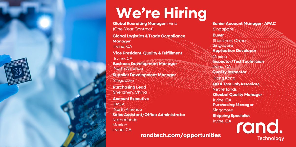 Rand Technology is hiring across the globe! From Irvine and Mexico to Singapore, Shenzhen, and the Netherlands.

If you're passionate, there’s a place for you on our growing global team.

🔗 Explore openings: bit.ly/RandCareers

#Hiring #SupplyChain #Careers #WomenOwned