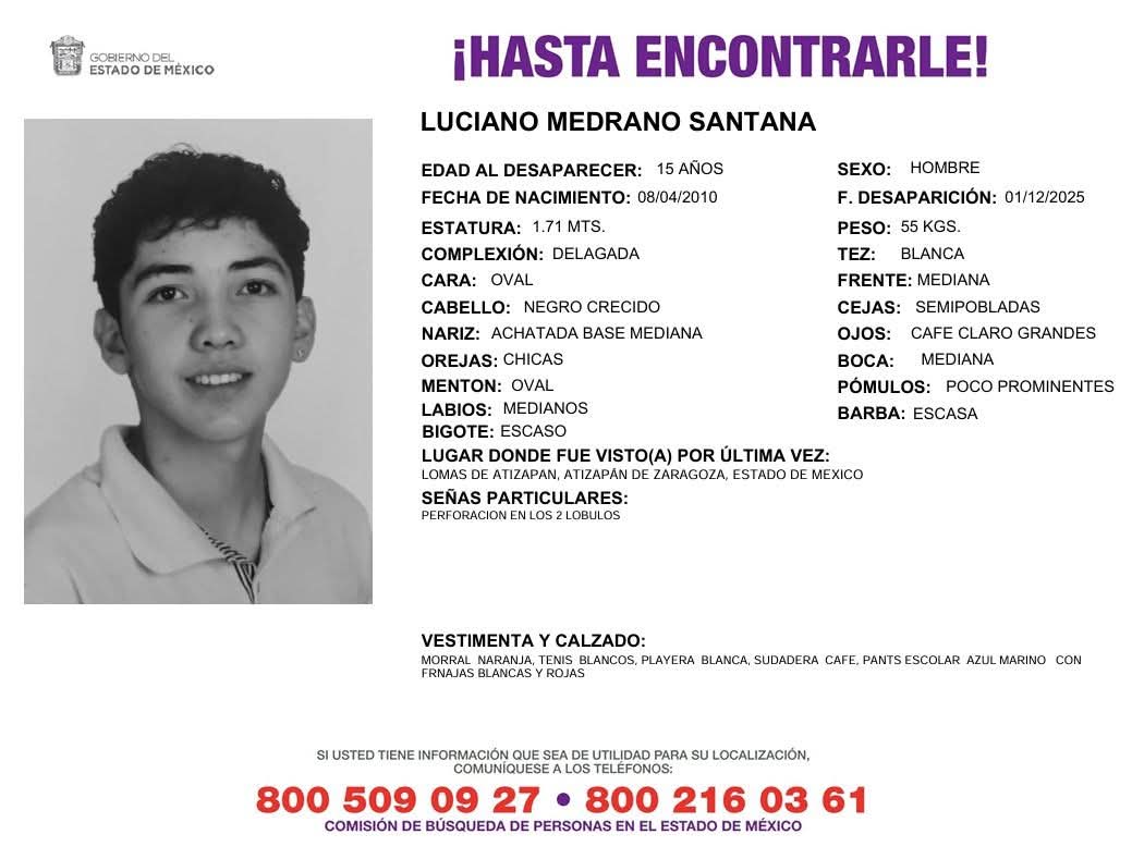 Solicitamos de tu apoyo en difusión para dar pronta localización a Luciano Medrano Santana, comunícate a los teléfonos al pie del boletín. #TodosEnLaBúsqueda