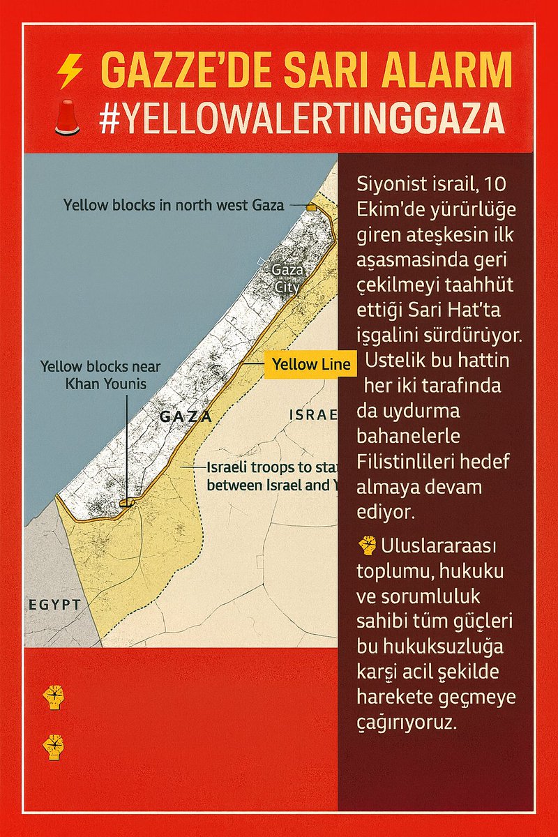 Gündem Çalışmasına Başladık 

⚡️ GAZZE’DE SARI ALARM
🚨 #YellowAlertInGaza

Siyonist israil, 10 Ekim’de yürürlüğe giren ateşkesin ilk aşamasında geri çekilmeyi taahhüt ettiği Sarı Hat’ta işgalini sürdürüyor.
Üstelik bu hattın her iki tarafında da uydurma bahanelerle