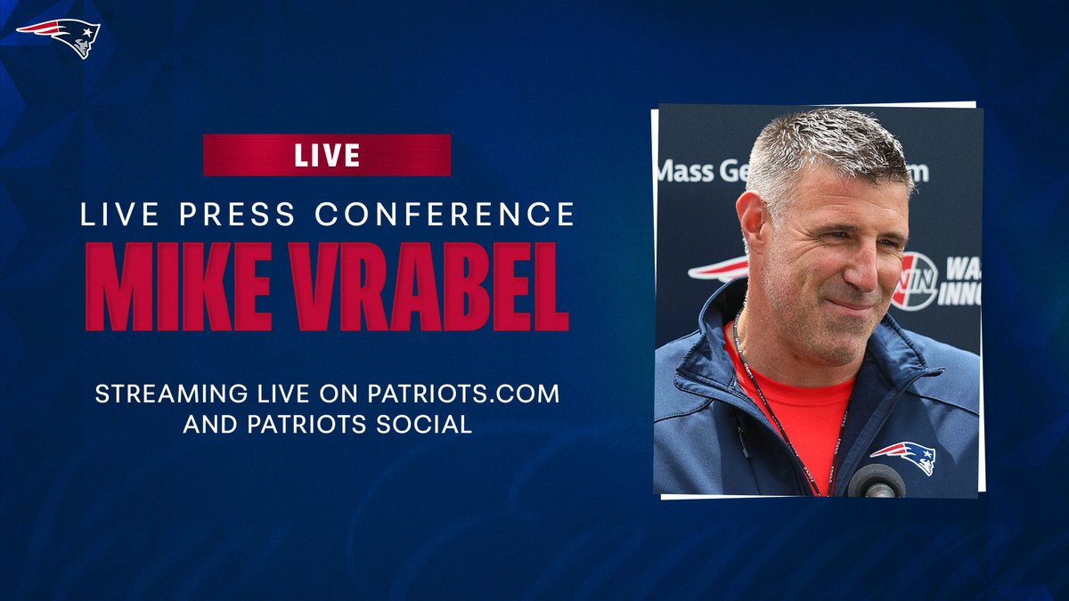 PATRIOTSdotCOM's tweet image. Patriots HC Mike Vrabel will address the media at 12 PM.  His press conference will be streamed live on Patriots.com.

Watch live at: patriots.com/video/live-pat…