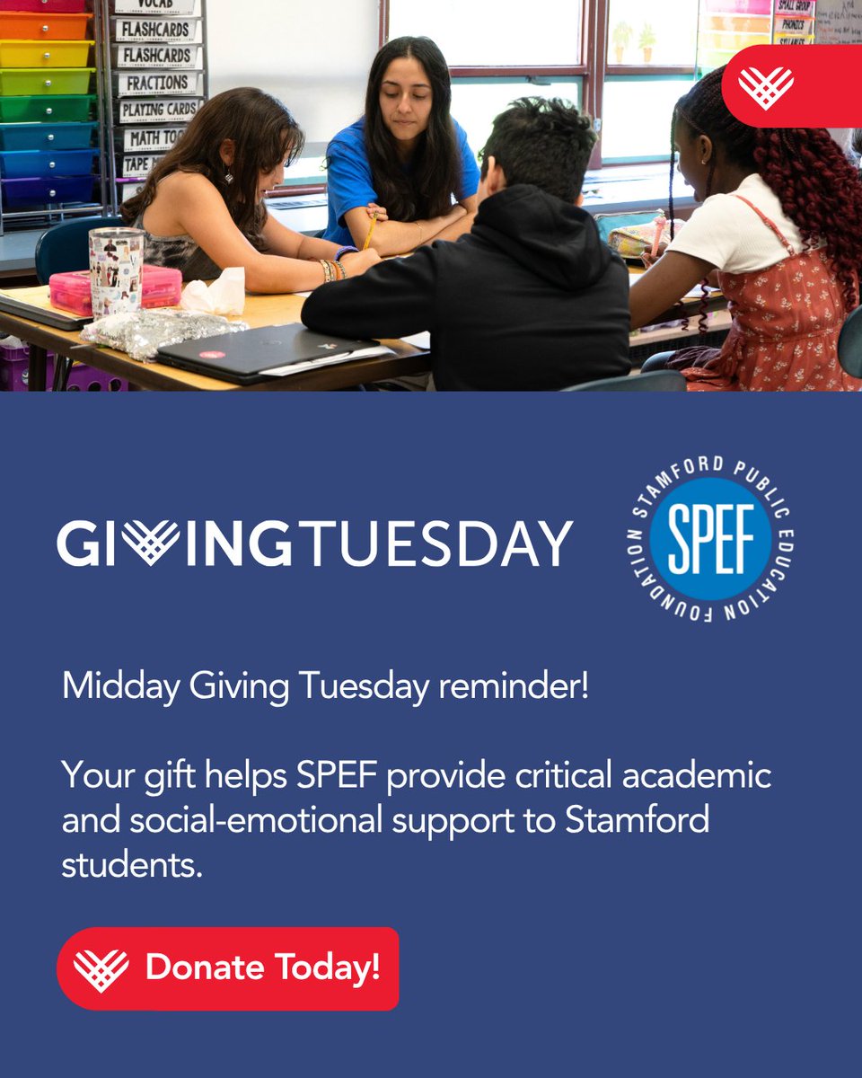 💛 Midday Giving Tuesday reminder!

Your gift helps SPEF provide critical academic and social-emotional support to Stamford students.

Join the movement ➡️ spefct.org/donate