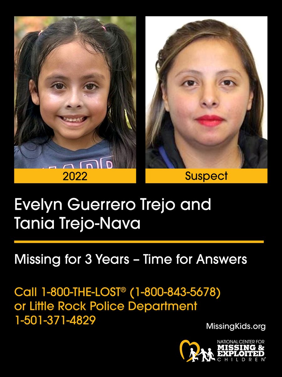HELP FIND EVELYN GUERRERO TREJO
Evelyn was last seen in Little Rock, Arkansas, on Oct. 23, 2022. She may be in the company of her noncustodial mother, Tania Trejo-Nava. A warrant for custodial interference was issued for Tania in March 2023. Today, Evelyn is 8 years old.

Have