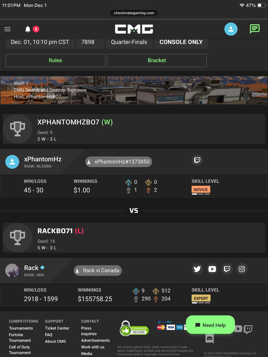 xPhantomHz's tweet image. @CMG_Esports  
1v1 SND Console only 3rd Place 👍🏽 
Sold at the end, could have played better. 
This year is going to be fun 
#cod
