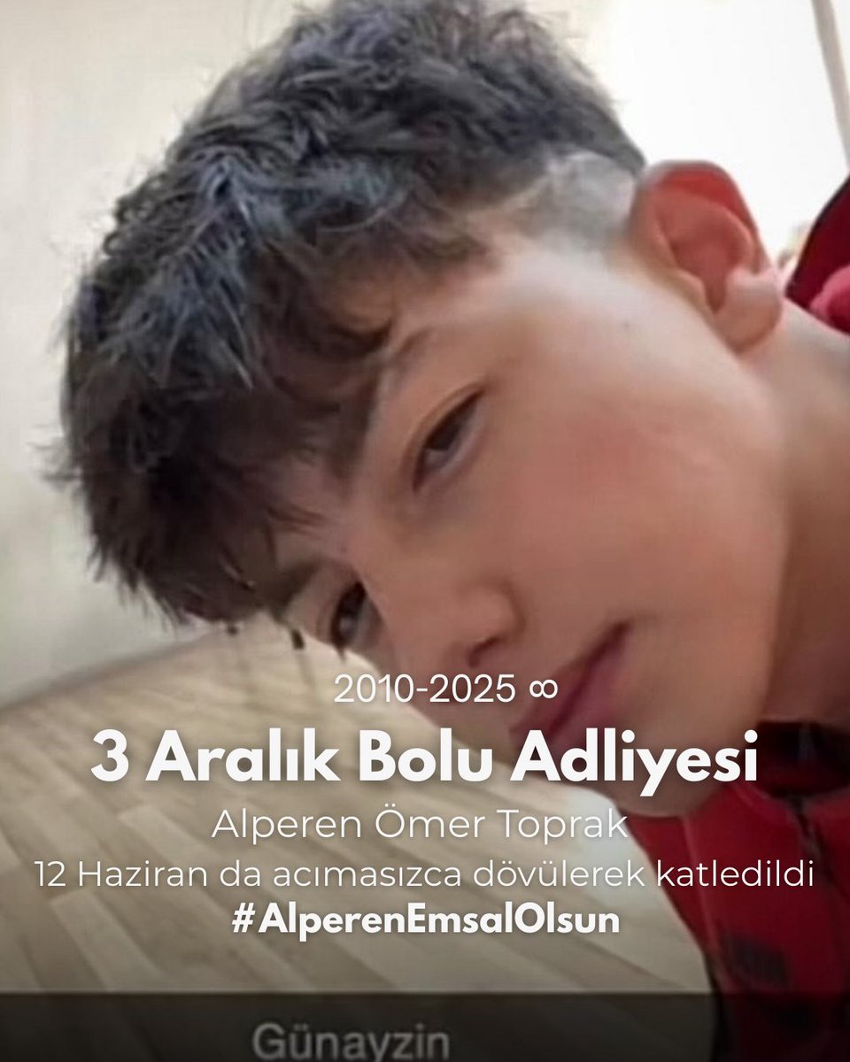 15 yaşındaki  Alperen Ömer Toprak , 13 yaşındaki bir çocuğun attığı yumruk sonucu hayatını kaybetti..

Bu nasıl bir şiddet sarmalı..
Akran zorbalığını meşrulaştırma, DUR de!

#AlperenEmsalOlsun