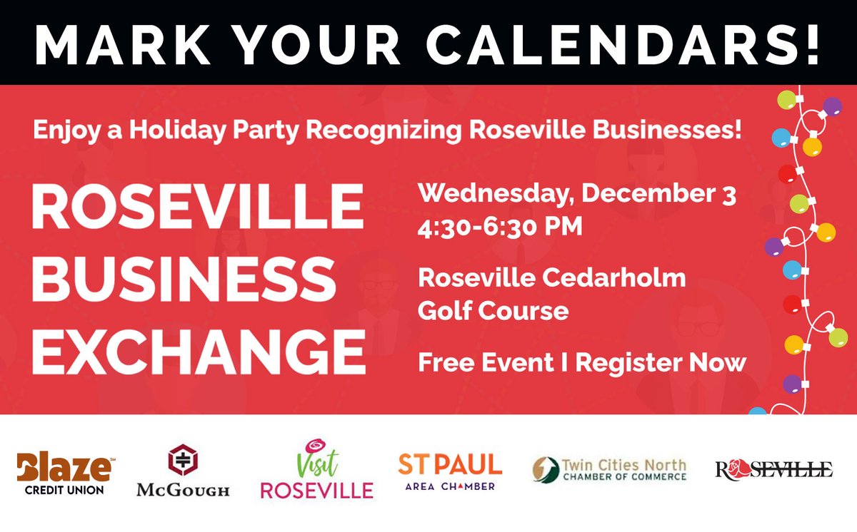 The best way to network is with a party! Join other entrepreneurs and business owners at the Roseville Cedarholm Golf Course on Wednesday, December 3, at 4:30 PM. This free event is part of our annual Business Exchange. rebrand.ly/vzspor1