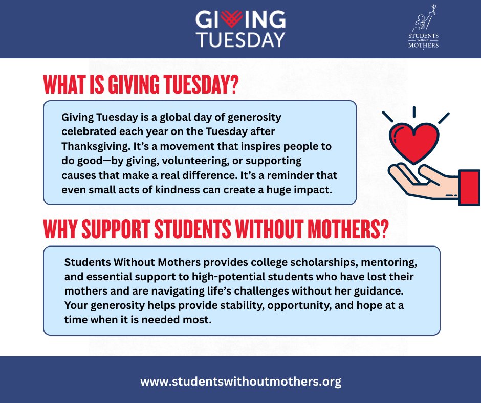 Today is Giving Tuesday!
Help us empower our students and give them the support they deserve.
Donate: studentswithoutmothers.org/donate/