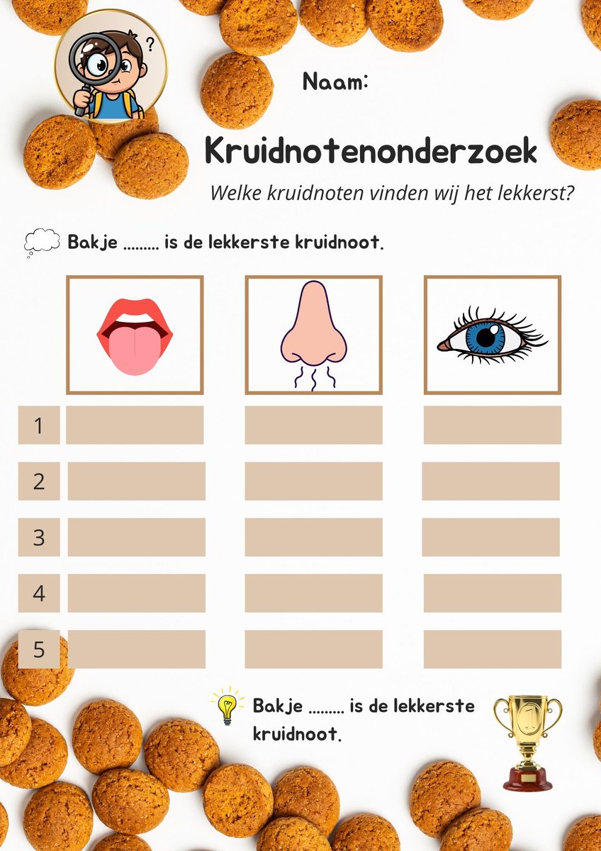 Ook voor kinderen in groep 1 t/m 4 is er nu een werkblad kruidnotenonderzoek. Gratis te downloaden op deverrijking.com.