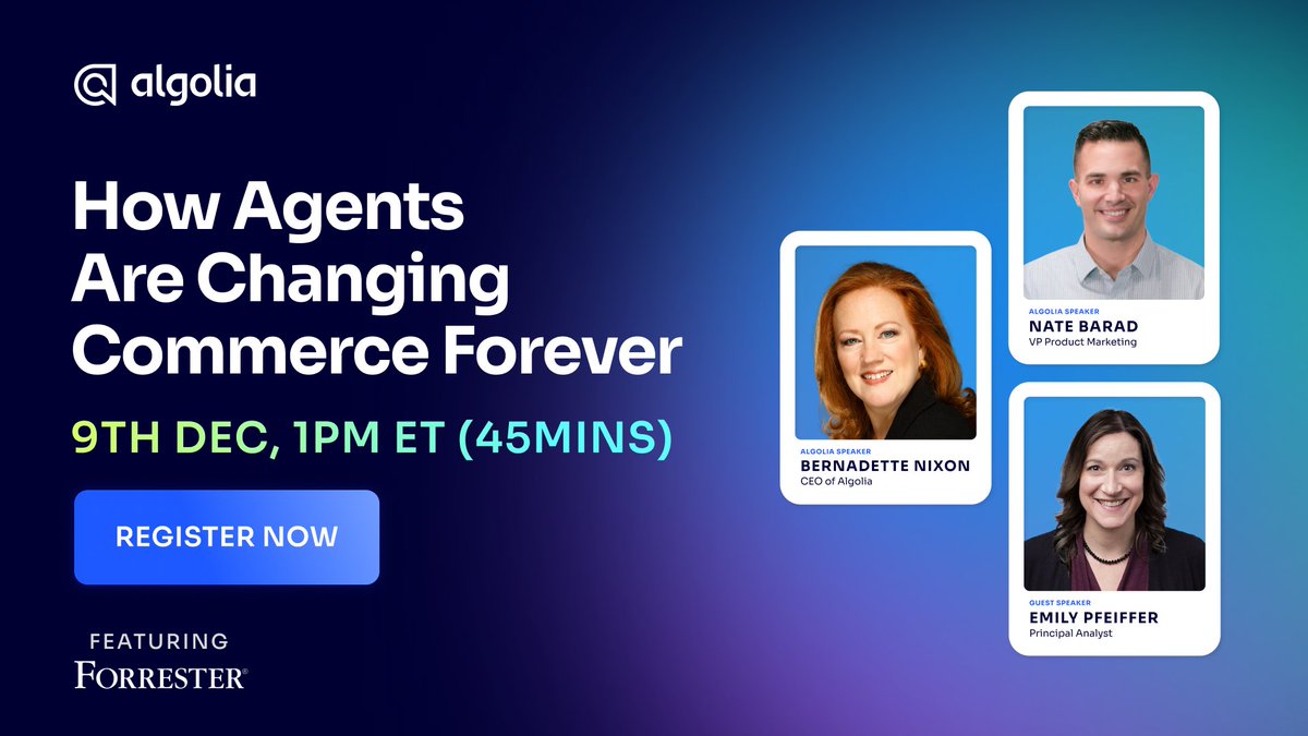 algolia's tweet image. The @forrester x @algolia webinar is coming soon (Dec 9) 🗓️

Here’s what it’s all about 👇

⤷ 💡 How AI agents are reshaping commerce
⤷ 🛍️ How shoppers find, evaluate, and buy in an AI-driven world
⤷ ⚡ How to adapt from search to intelligent retrieval experiences
⤷ 🔗…