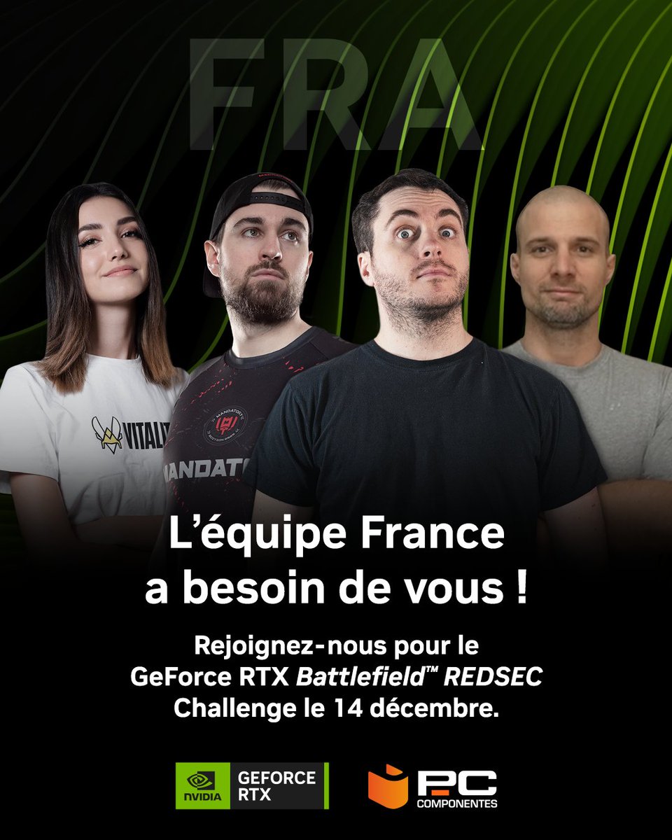 ZeratoR's tweet photo. Avec @Juliette_arz, @GiusTV et @HyPOfficial, on représente la France🥖pour le GeForce RTX - Battlefield™ REDSEC présenté par @PcComponentesFR 😎

 Rendez-vous le 14 décembre pour voir notre escouade performer, et tenter de remporter des prix épiques !  

Publicité https://t.co/itsTcLYvse