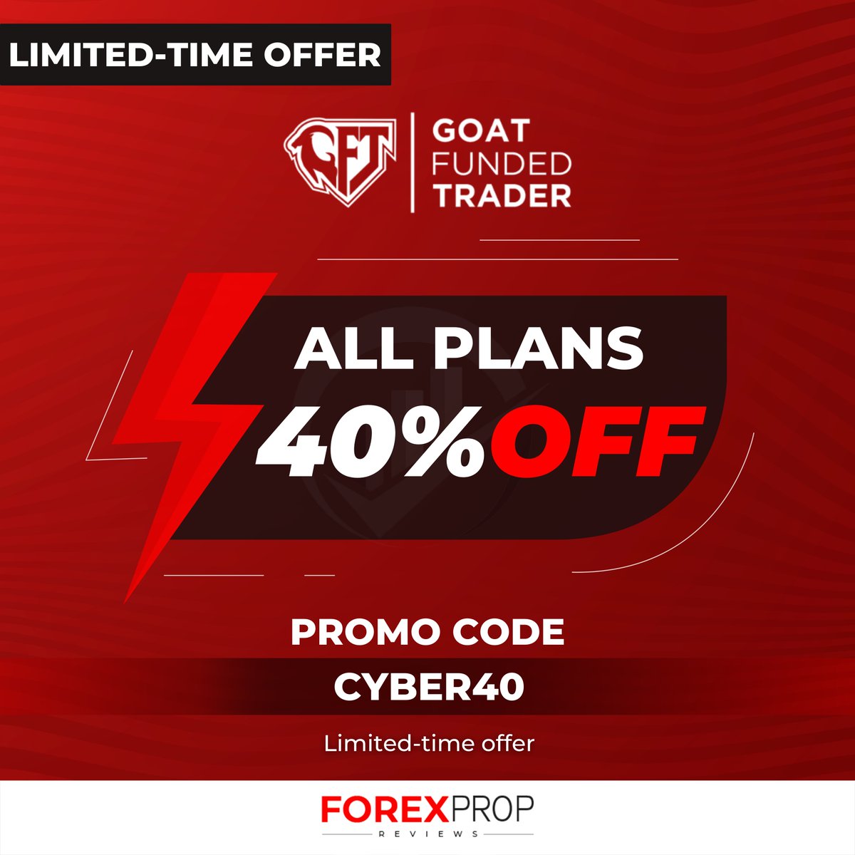 fxpropreviews's tweet image. 💥 Goat Funded Trader Sparks Cyber Monday!
GFT launches a 40% discount on all plans - the perfect year-end boost. 🚀
Use CYBER40 to grab this limited-time offer and level up your trading. ⚡
#GFT #GoatFundedTrader #CyberMonday #PropTrading #ForexDeals