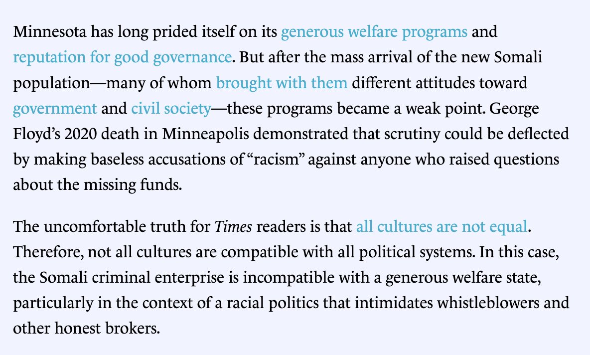 christopherrufo's tweet image. The Somali fraud story reveals a truth that liberals would prefer to ignore: when Nordic welfare-state culture and Somali piracy culture collide, the result is mass looting of the public treasury.
city-journal.org/article/minnes…