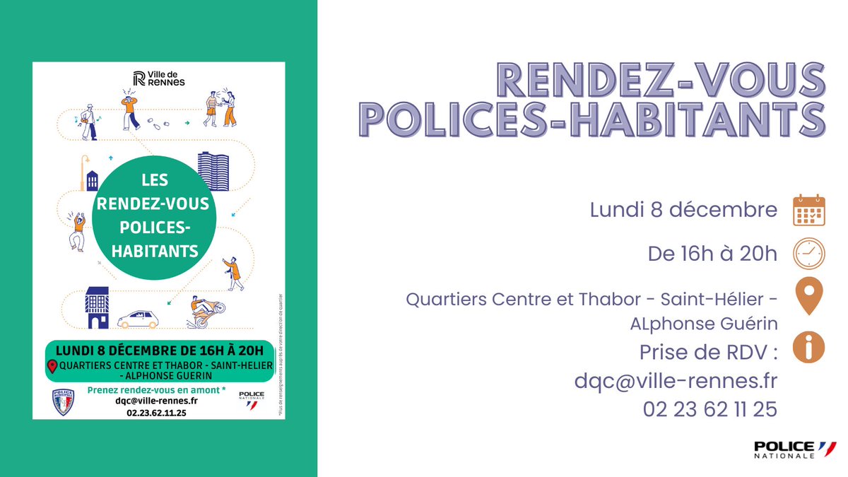 SECURITE | 🤔Vous avez une problématique de sécurité  que vous souhaitez évoquer avec la <a href="/PoliceNationale/">Police nationale</a> et la police municipale de <a href="/metropolerennes/">Rennes Ville et Métropole</a> ?
📍Vous habitez les quartiers Centre - Thabor - St-Hélier - Alphonse Guerin ?
N'hésitez pas à prendre rendez-vous 👇