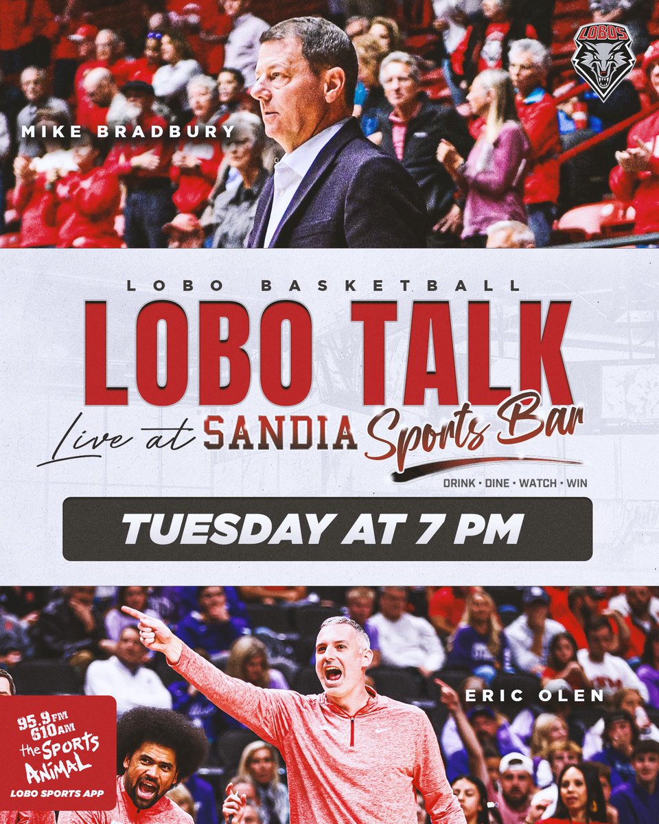 UNMLOBOS's tweet image. 🐺🏀🎤 LOBO TALK IS TONIGHT! The first basketball episode of the year airs tonight on @610KNML from 7-8pm, live from Sandia Sports Bar! Listen to @RobTalksLobos chat with @CoachEricOlen &amp;amp; @CoachBradbury #GoLobos