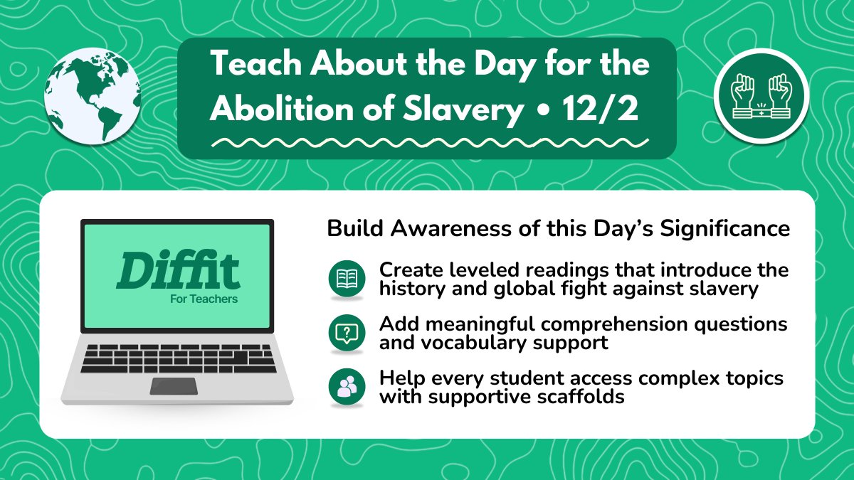 DiffitApp's tweet image. December 2nd is the International Day for the Abolition of Slavery.

If you’re teaching about human rights, freedom, or global history this week, Diffit can help you build accessible reading passages and resources that meet students where they are.

🔎 Level texts to introduce…