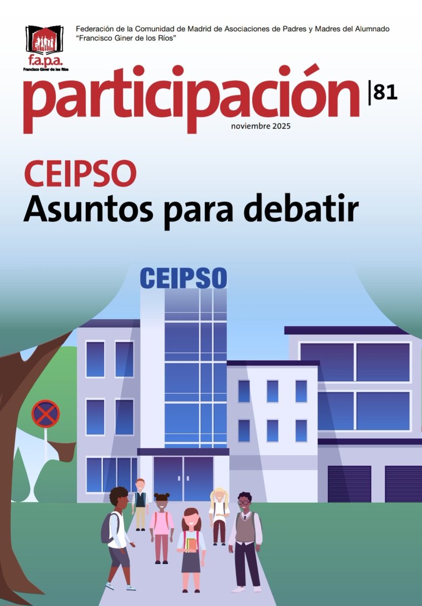 ✔️Revista PARTICIPACIÓN 📃📚 <a href="/FAPA_Giner_Rios/">FAPA Giner Ríos</a>

CEIPSO "Asuntos para debatir".
🏫🎒

1.EDITORIAL FAPA
2. <a href="/EVicianaDuro/">Emilio Viciana</a> consejero Educación <a href="/ComunidadMadrid/">Comunidad de Madrid</a>
3.Pablo Posse PP
4. <a href="/MariaPastorV/">María Pastor 🍏🌻</a> MÁS MADRID
5. <a href="/anasibertmusica/">Ana Sibert Blanco</a> PSOE

Revista👇
fapaginerdelosrios.org/DesktopModules…

Colabora <a href="/MADRID/">Ayuntamiento Madrid</a>