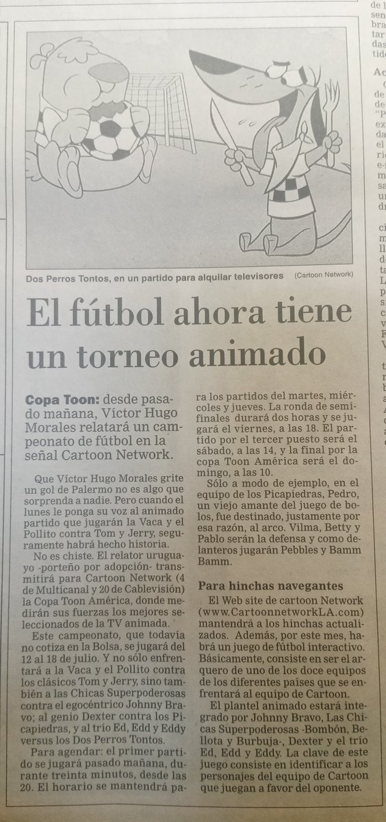 Víctor Hugo Morales relatando un partido entre La Vaca y el Pollito contra Tom y Jerry. Así nacía la Copa Toon, en la señal Cartoon Network. ¿Alguien la recuerda? Salió el sábado 10 de julio de 1999 en el Diario La Nación. Qué maravilla los archivos 📂