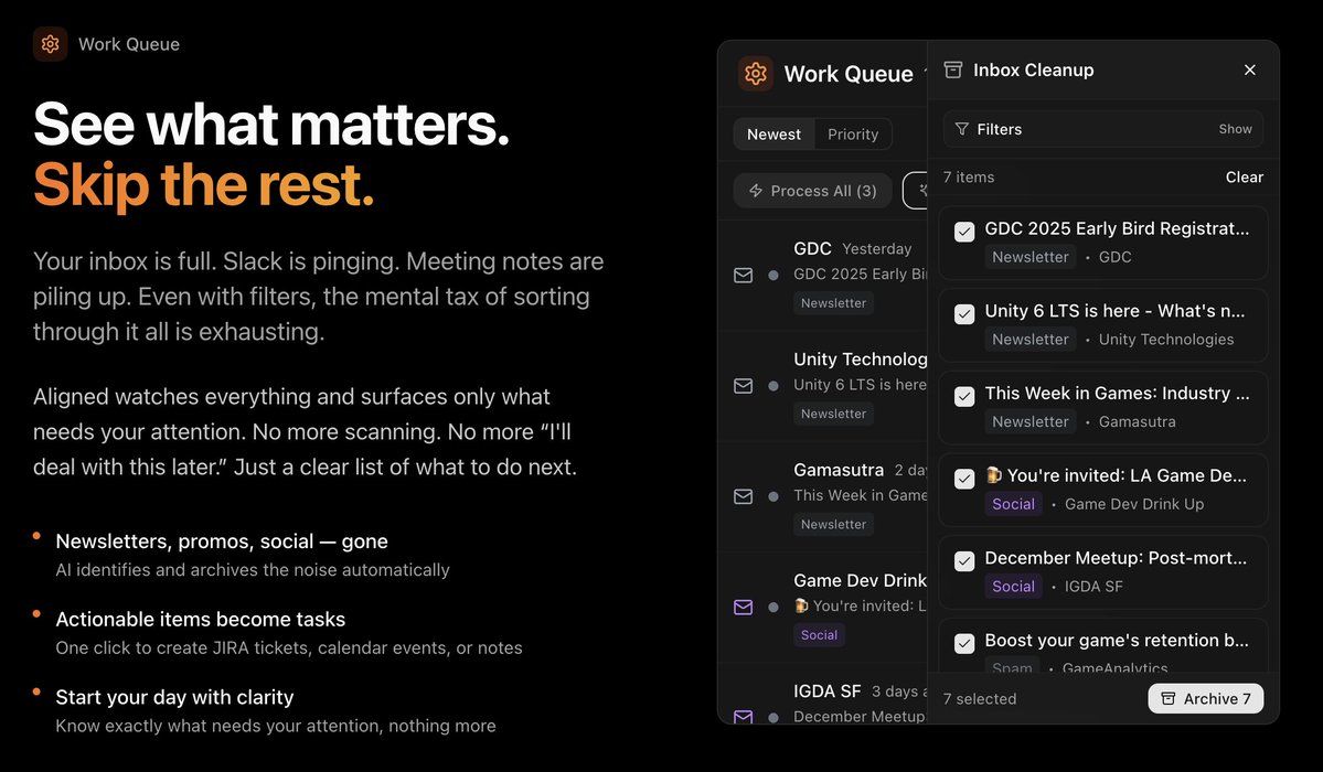 AlignedTools's tweet image. This is what &quot;inbox zero&quot; looks like for PMs:

  Not an empty inbox.

  A single queue of decisions - already filtered,
   categorized, and ready.

  Emails. Meeting action items. Slack threads.
  All in one place.

  No more tab-switching. No more context-loading.