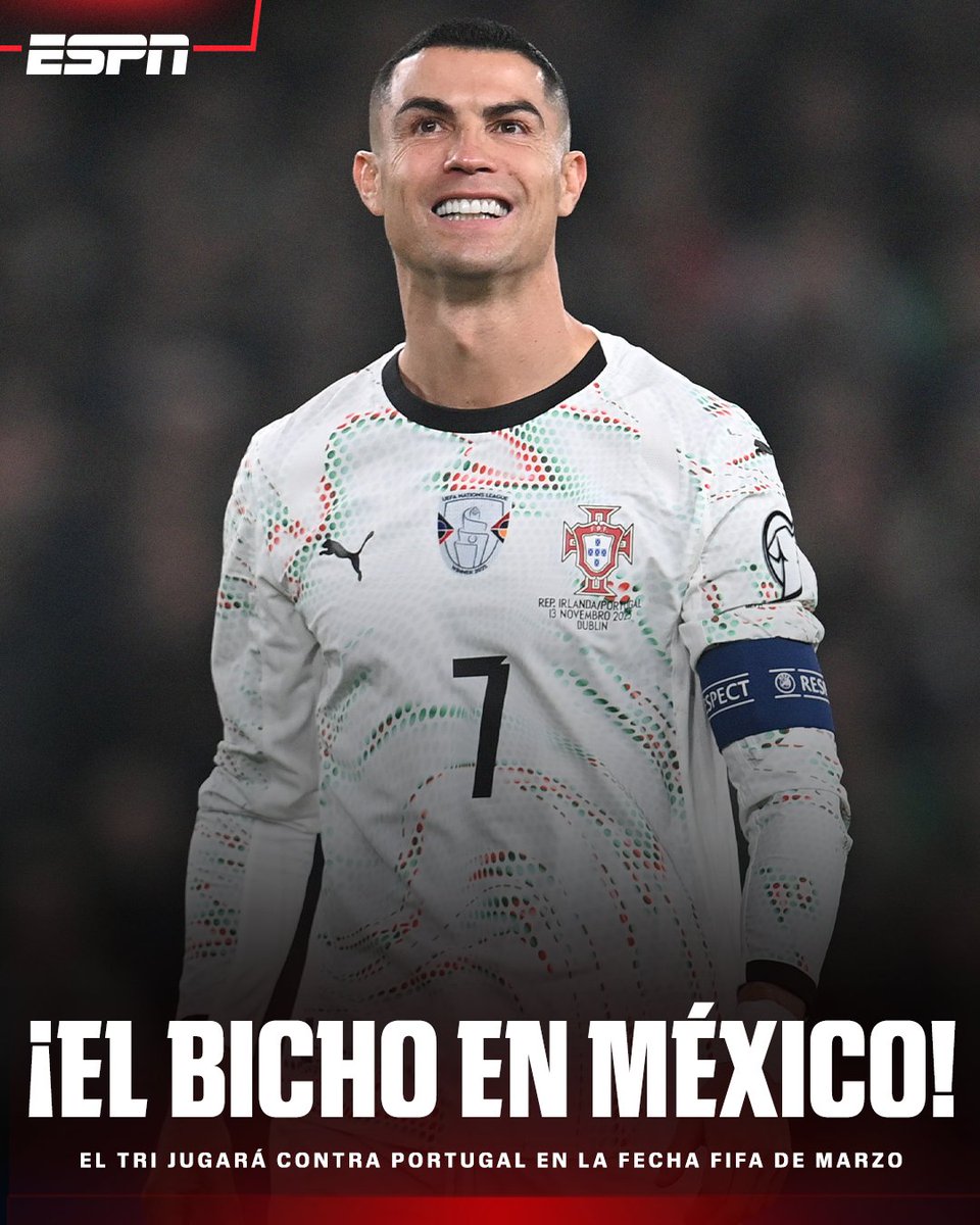 ESPNmx's tweet image. 🚨 CRISTIANO RONALDO Y PORTUGAL ENFRENTARÁN A LA SELECCIÓN MEXICANA EN MARZO.

El juego será el 28 de marzo del 2026 en el Estadio Banorte de la Ciudad de México.

Y se medirá ante Bélgica el 31 de marzo en el Soldier Field de Chicago.