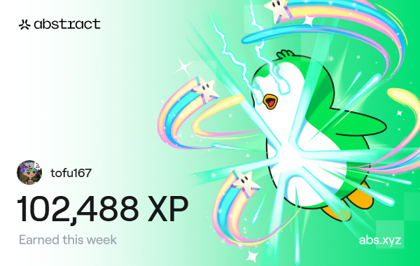 I just earned 102,488 XP on <a href="/AbstractChain/">Abstract</a>! 🎉 first time over 100k!