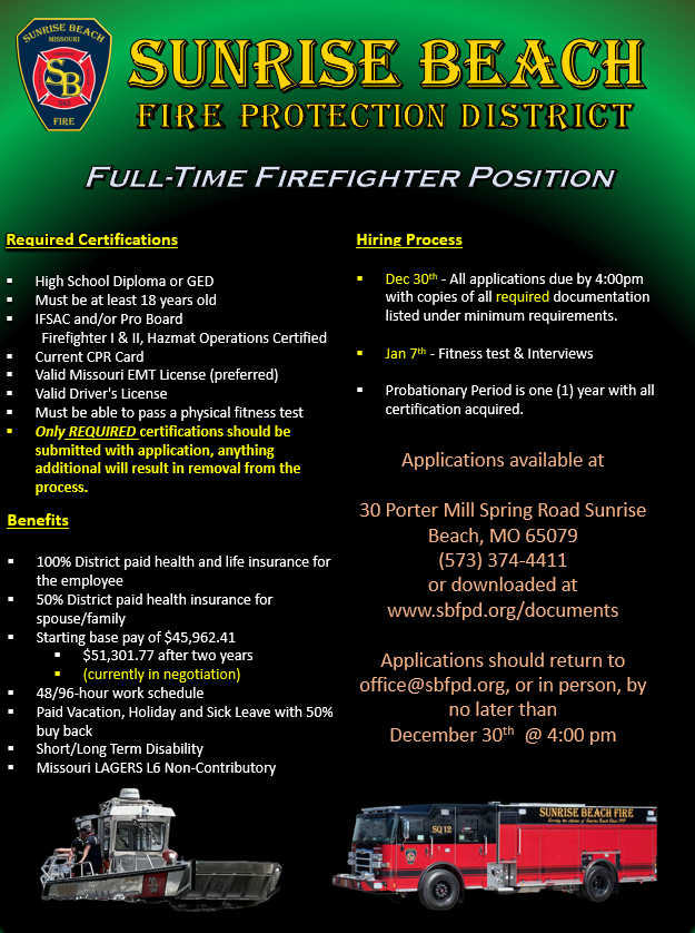 SBFPD's tweet image. One full time position is available, applications due December 30th.