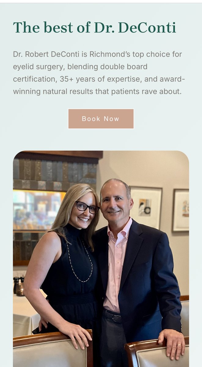 DeConti_MD's tweet photo. ✨New Blepharoplasty Site is LIVE! ✨

💕 Get natural, youthful eyes with Richmond’s eyelid expert Dr. Robert DeConti (35 years experience)

✅Upper lower blepharoplasty
✅Stunning results
✅See before/afters &amp; book your consult now!

☎️ 804 673-8000

👉https://t.co/rXxQsgh5vU https://t.co/W5DHQfnAHJ